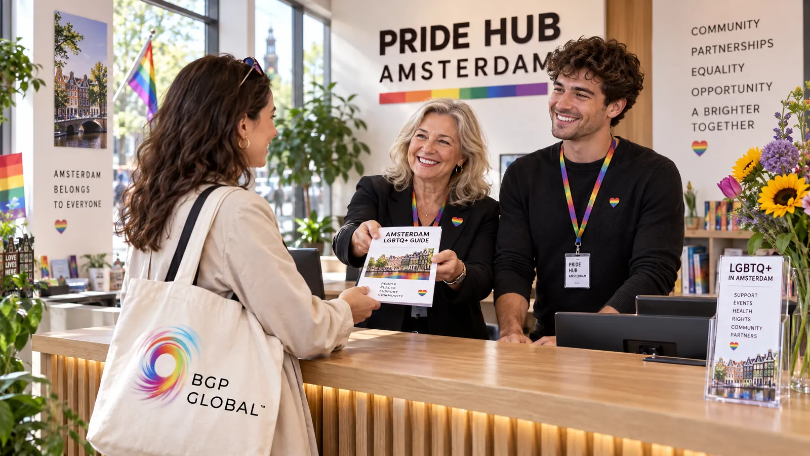 At a community centre's welcome desk, two volunteers hand a guide to a visitor carrying a BGP Global tote bag.